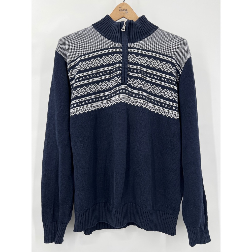 Weatherproof Vintage Womens XL Navy Blue Fair Isle Cotton Quarter Zip Sweater